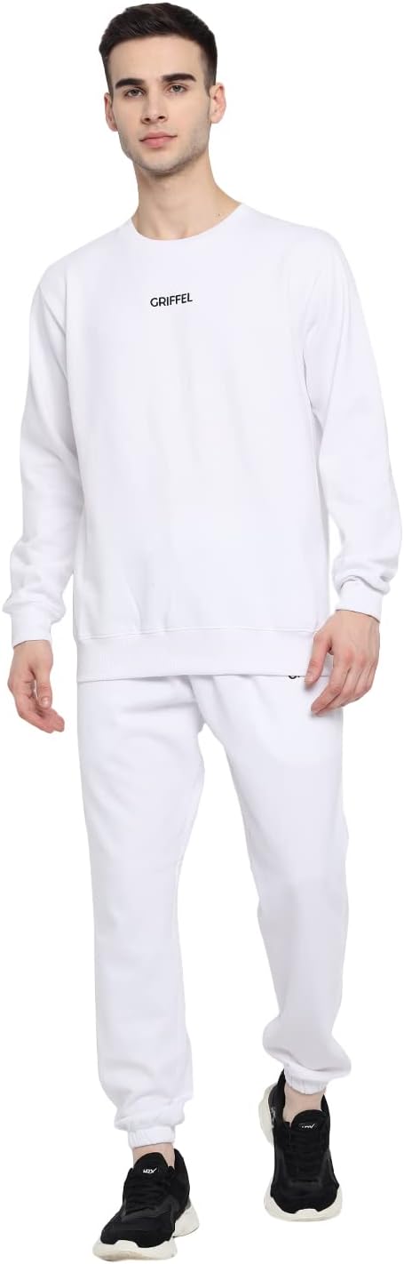 Men's Basic Solid Cotton Fleece Round Neck White Tracksuit for Athletics Jogging Gym and Sports (XL, SKY BLUE) (M, WHITE)