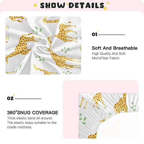 Image of Fitted Crib Sheets Cute Yellow Giraffe Stretchy Portable Playard Sheets for Baby Toddler, Breathable Soft Mini Crib Mattress 39 x 27 in for Boys and Girls