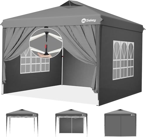 Sekey Pop Up Pavillon 3x3 Wasserdicht Stabil Winterfest, Faltpavillon 3 x 3 m, Camping Pavillion Faltbar Partyzelt mit Seitenwänden, Höhe Verstellbar in 3 Stufen, (Grau, Höhe 260)