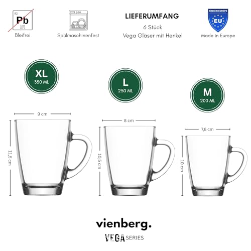 vienberg Vega Teegläser mit Henkel 18er Kombo Set 250/300/400 ml – Robuste Kaffeegläser & Glühweingläser – Spülmaschinenfest & Hitzebeständig - Glastassen für Tee, Kakao & Cappuccino