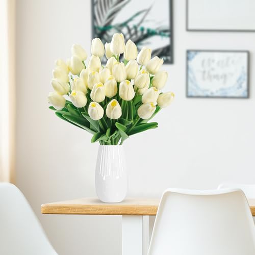 Image of Sggvecsy 30 Pcs Fake Tulips Artificial Flowers Real Touch PU Faux Flowers Tulip Stems for Wedding Spring Bouquet Floral Arrangement Home Party Office Decorations for Mother's Day (Milk White)