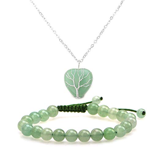 LPBeads Natural Green Aventurine Healing Tree of Life Heart Pendant Necklace with Adjustable Gemstone Bracelet Set for Women