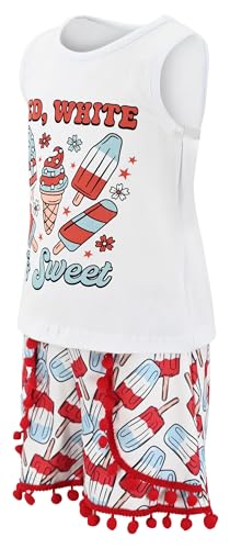 Image of Unique Baby Girls Toddler Big Kid Sleeveless Tank with Pom Pom 2pc Shorts Set Outfit