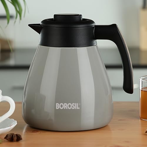 Image of Borosil Stainless Steel Teapot with Handle | Double Wall Vacuum Insulated Thermosteel Carafe | BPA Free Jug for Tea /Coffee & Juice | 18 Hours Hot & 24 Hours Cold | 1 Year Warranty (Grey, 1.5L)