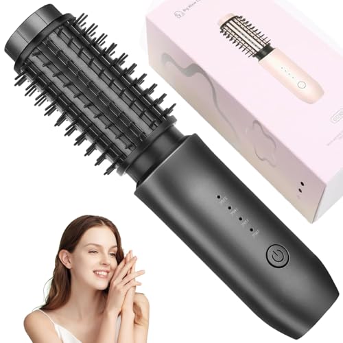 Cordless Curling Iron Brush, 2 in 1 Cordless Hair Curler and Straightener Brush, 7000Mah Portable Travel Iron Mini, Rechargeable Curling Wand with Negative Ion, 150℃-210℃ (Black)