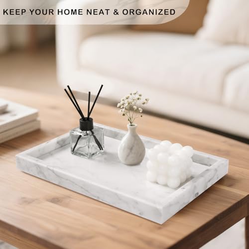Homaura Marble Bathroom Tray for Countertop & Home Decor, Natural Decorative Marble Tray for Jewelry & Perfume Organizer, Luxury Stone Vanity Trays for Dresser, Kitchen Counter, 12" x 8", White by Homaura - Image 5