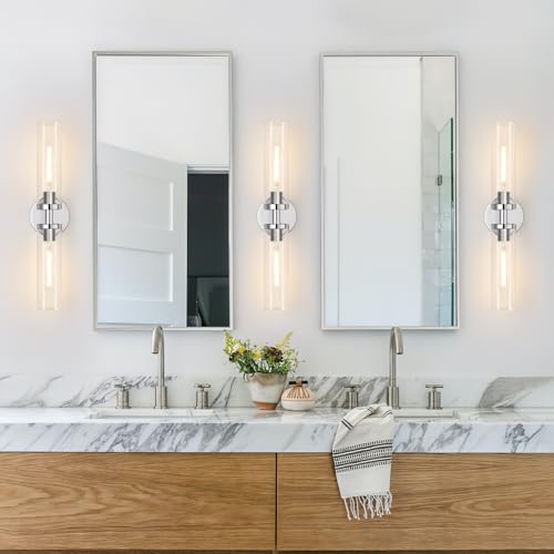 Image of Indoi Wall Sconces Set of Two, Hardwired Chrome Bathroom Sconces Wall Lighting with Clear Glass, Modern Sconces Wall Decor Set of 2 Bathroom Light fixtures for Mirror Living Room Hallway Bedroom