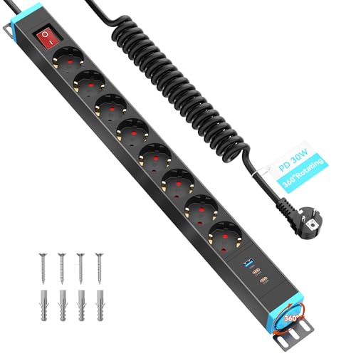 Regleta Enchufes 8 Tomas con USB C PD 30W, Protección Sobretensión, Base Múltiple 360° Giratoria para Pared, 16A 4000W, Cable Espiral 1,5 m, Negro