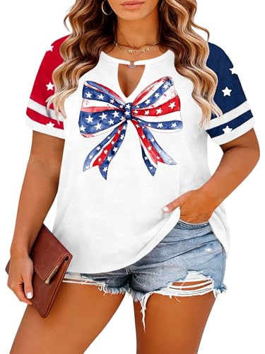 Image of Ithalt Plus Size American Flag Shirt Women Bow T Shirt 4th of July Shirts USA Patriotic V Neck Tees for Independence Day