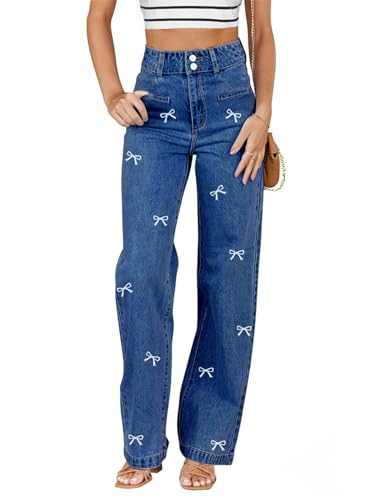 Sidefeel Women's Jeans High Waisted Straight Leg Stretchy Jeans Trendy Welt Pockets Loose Wide Leg Zimbaplatinum Denim Pants