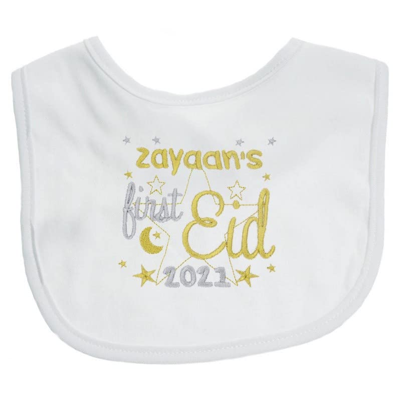 Just Toys Online Personalised Embroidered Name's First 1st Eid Baby Bib Unisex Boy Girl Bib Add Name and Year Unique Gift Keepsake