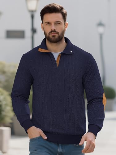 Men's Block Striped Sweatshirt Casual Outdoor Long Sleeve Stand Collar Pullover Sweatshirt Button Quarter Sweater2
