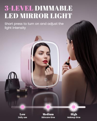 Image of Mini Fridge for Bedroom, 4 Liter /6 Can Skincare Fridge With LED Mirror & Leather Carrying Handle, AC /DC Cooler & Warmer Portable Small Refrigerator for Drinks, Makeup, Dorm, Office and Car(Pink)