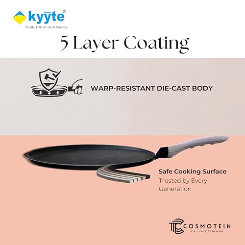 Image of kyyte CosmoTein Die Cast Non Stick Dosa Tawa 26 cm Dia Flat /Roti /Paratha /Uthappam /Chapati /Naan /Pizza Tava with 5 Layer Coating,Gas & Induction Friendly,Dishwasher Safe, PFOA&PFOS Free,Safe&Toxic-Free