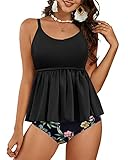 Tutorutor Womens High Waisted Peplum Tankini Bathing Suits Retro Ruffle Floral Print Tummy Control 2 Piece Bikini Set (Medium, Black)