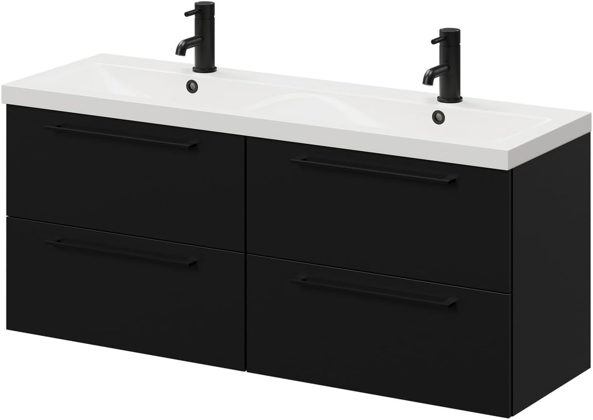 Napoli Matt Black 1200mm Wall Mounted Vanity Unit with Ceramic Double Basin and 4 Drawers with Matt Black Handles