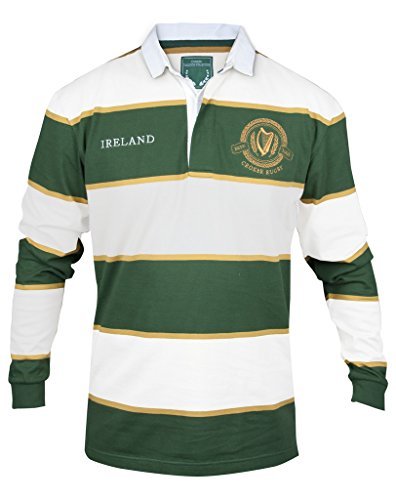 Croker Green and White Striped Rugby Jersey - Cotton Polyester Embroidered Long Sleeve Polo Shirt Perfect for StPatrick's Day
