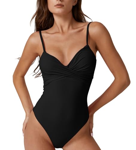 ESONALR Sexy One Piece Swimsuit for Women Adjustable Spaghetti Strap Cross Over Neckline High Leg Bathing Suits