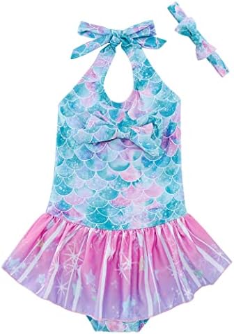 RAISEVERN 2T 3T Girls Swimsuits Toddler Bathing Suit Girl Swimwear Mermaid One Piece Beachwear Ruffle 3D Graphic with Headband Swimming Pool Size 2-3T