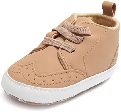 Nuby Baby Boys Faux Leather Wing Tip Sneakers, Soft Non Slip Sole Crib & First Walking Infant Shoes, Tan/0-3 Months