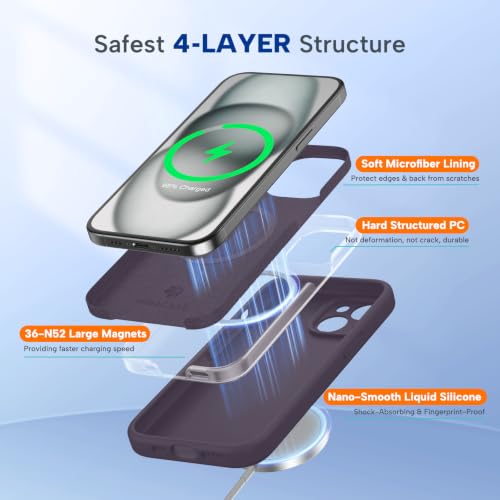 Image of Miracase Magnetic for iPhone 15 Case, [Soft Anti-Scratch Microfiber Lining], Compatible with MagSafe, Liquid Silicone Case Shockproof Drop Protection Phone Case for 15, Dark Purple