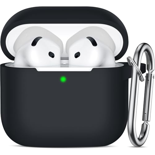 Ouwegaga Cover per Airpods 4 2024, Silicone Custodia per Airpods 4 Generazione, Protezione Completa del Corpo Cover Compatìbile con Apple Airpods 4 Case, con Moschettone, Nero