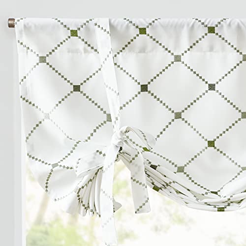 Jinchan Tie Up Valance Curtain With Diamond Embroidery 45 Inch Geometric Valance Rod Pocket Adjustable Tie-Up Shade Valance Window Treatments For Living Room Kitchen Light Filtering 1 Panel Green #TOP18