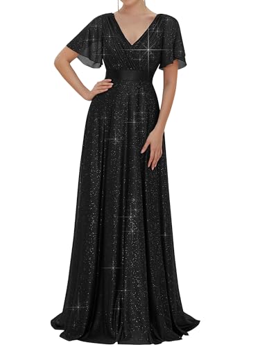 Ever-Pretty Women's Glitter Formal Dress V Neck Short Sleeve A-Line Evening Gown for Gala Black US10