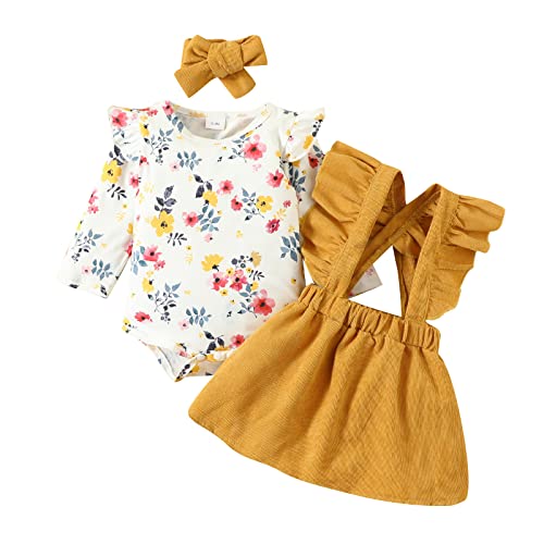 Image of Toddler Kids Girls Infant Floral Long Sleeves Romper Skirt Hairband 3pcs Set Cloths Baby Girl Gift (Yellow, 0-3 Months)