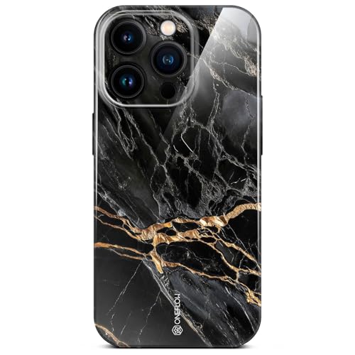 Coque iPhone 14 Pro marbre noir et or ONEFLOW Bliss rigide pailletée
