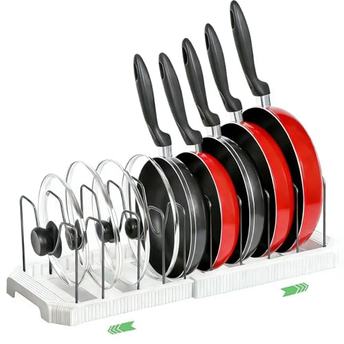 Consejos para Comprar Estantes y soportes para ollas y sartenes disponible en línea. 42 BOOSEN Estante de Ollas, Soporte Sartenes de Cocina con 10 Separadores Ajustables, Organizador de Ollas y Sartenes, Estante Tapas de Ollas Cajon, para Almacenamiento Ollas y Tapas...