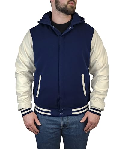 Victory Outfitters Men's Varsity Hooded Reversible Fleece Jacket with Faux Leather Sleeve