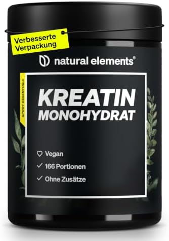 natural elements Creatin Monohydrat – 500g ultrafeines Pulver (Meshfaktor 200) – 166 Portionen reines Kreatin – hochdosiert – vegan, ohne unnötige Zusätze – in Deutschland entwicke