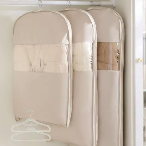 Space Saving Hanging Garment Bag with Self Compression Zipper, Dust-Proof Clothes Storage Bags for Wardrobe Storage, Clear Breathable Dress Bags, Garment Protector Covers for Coats, Suits, Gowns(Beige