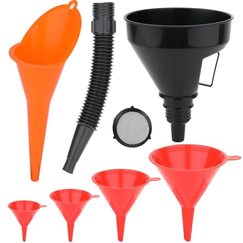 6 Pcs Automotive Oil Funnel Set Wide Mouth Fuel Funnels with Long Neck Flexible Spout & Removable Filter for Gasoline Coolant Water Engine Oil