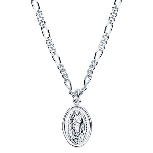 Iyé Biyé Jewels Collar Mujer Niña Medalla Virgen de Guadalupe 15 mm en Plata de Ley 925 Cadena Fígaro 43+7 cm Ajustable