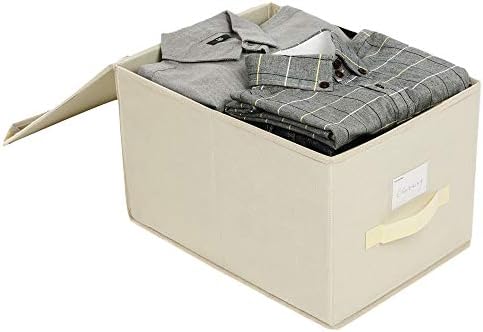 SONGMICS Set of 3 Foldable Storage Boxes with Lids, Fabric Cubes with Label Holders, Storage Bins Organiser, 40 x 30 x 25 cm, Beige RFB03M