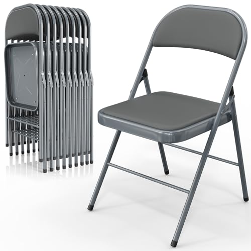 VINGLI 10 Pack Folding Chairs with Padded Seats, Metal Frame with Pu Leather Seat & Back, Capacity 350 lbs, Gray