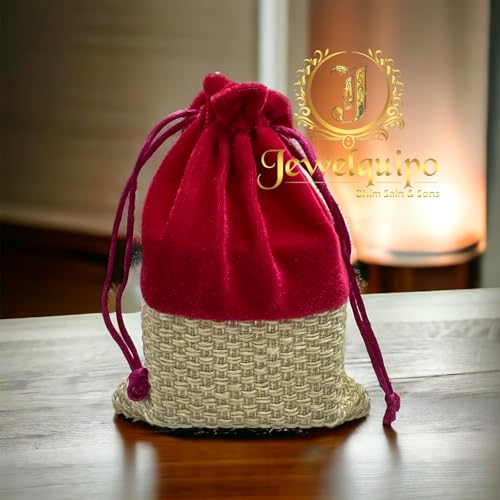 JEWELQUIPO Jute Velvet Potli Bags for Return Gifts, Shagun Potlis, Potli Pouches for Housewarming, Jute (Pack of 10) (7x9 Inches) (Pink)