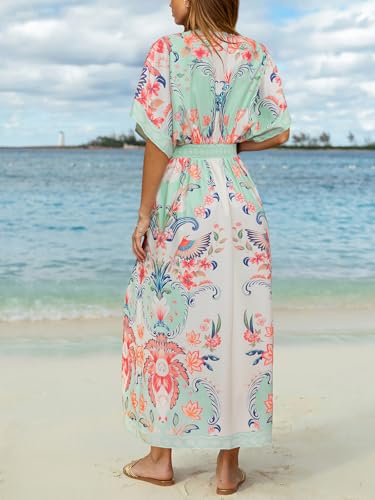 Image of CUPSHE Womens Tropical Floral Maxi Dress V Neck Short Sleeve Smocked Side Slit Dress Summer Vacation Beach Pocket Long Dress