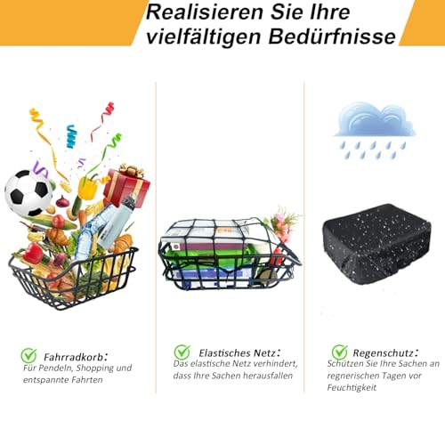 HopesEager fahrradkorb hinten mit Regenschutz,gepäcknetz,Großer Fahrrad Korb aus Metall hinten, robuster fahrradkorb gepäckträger hinten für die meisten Fahrräder und E-Bikes