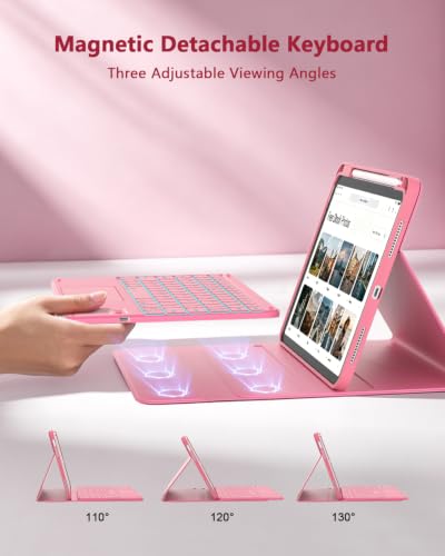 Image of RAYMCRAFT for iPad (A16) 11th /10th Generation Case with Keyboard, 7 Color Backlit, Multi-Touch Trackpad, Folio Case with Pencil Holder, Detachable Wireless Keyboard for iPad (A16) 11th /10th, Hot Pink