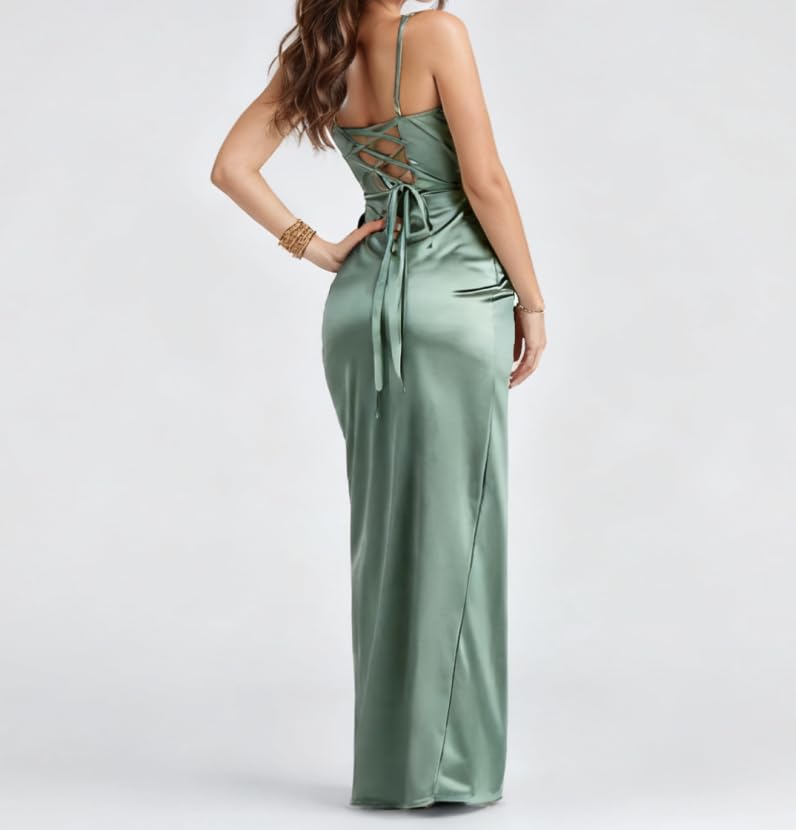 Spaghetti Straps Wedding Guest Dress Satin Formal Dresses for Women 2025 Slit Prom-Dress Sexy Elegant3