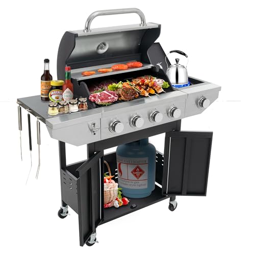 Livavege 4 Burner Propane Gas Grill with Side Burner, Output Stainless Steel BBQ Grill 46,700 BTU for Outdoor Cooking Kitchen, Garden and Patio Backyard Barbecue