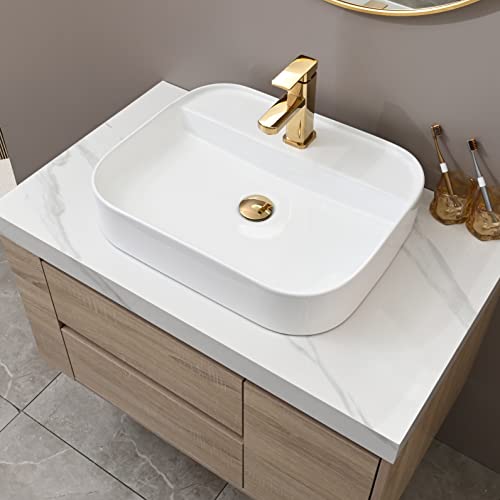 Petushouse 21.6'' Rectangle Bathroom Vessel Sink And Pop Up Drain Combo, Above Counter White Porcelain Ceramic Bathroom Vessel Vanity Sink Washing Art Basin #TOP7