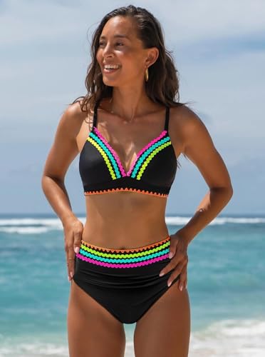 popvil Sexy High Waisted Bikini Sets for Women Tummy Control Swimsuit Neon Two Piece Bathing Suit3