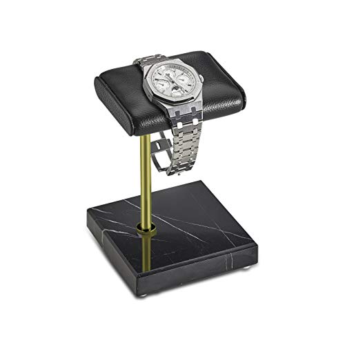 Watch Stand | Handcrafted Leather & Marble Watch Display Stand for Rolex, Omega, Audemars, Patek, Richard Mille, Breitling, Tudor, Cartier - with Gift Box! (Gold Pole - Black Marble, Single Leather)