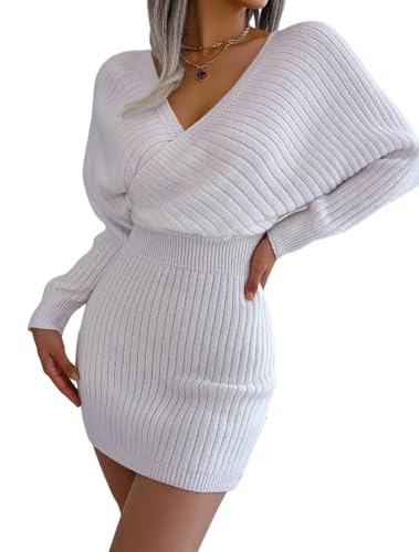 Vestidos de suéter Ajustados for Mujer, Vestidos Cortos de Punto Sexy con Cuello en V y Manga Larga for otoño(White,M)