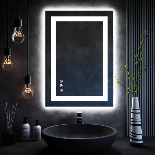 ISKM 28''L x 20''W LED Mirror for Bathroom Lighted Vanity Mirror for Wall Front Lights + Backlit LED Bathroom Mirror Anti-Fog Tempered Glass ETL Listed