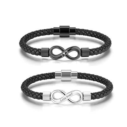 PiercingJak 2pcs Bracelets Infini Couple PU Cuir + Acier Inoxydable Bracelet Corde Tressé Noir Infinity Symbole Gourmette d'Amour et d'Amitié Cadeau Homme Femme...